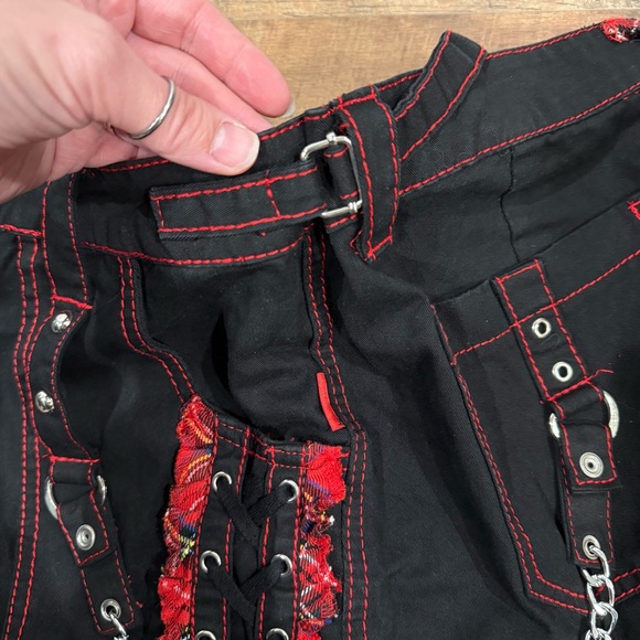 Tripp NYC Black And Red Plaid Lace-Up Chain Pants Gothic Chain Wide Leg Jeans - Picture 14 of 16